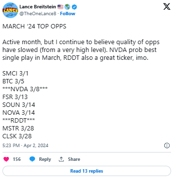 Top 8 Trading Opportunties in March from  Lance Brestestine List